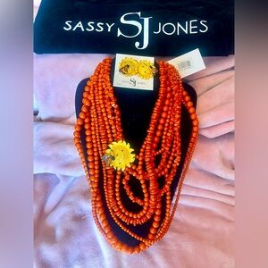 Sassy Jones Multi Strand Lola Necklace Set Burnt Orange (w/Sunflower Earrings)